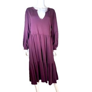 Nation LTD Tavin Tiered Long Sleeve V Neck Slub Knit Midi Dress Womens Sz L PLUM
